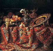 Jacques Hupin A still life of peaches, grapes and pomegranates in a pewter bowl, an ornate ormolu plate and ewers, all resting on a table draped with a carpet oil painting picture wholesale